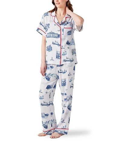 Katie Kime Washington DC Toile Woven Short Sleeve Notch Collar Long Pajama Set