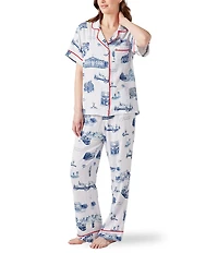 Katie Kime Washington DC Toile Woven Short Sleeve Notch Collar Long Pajama Set