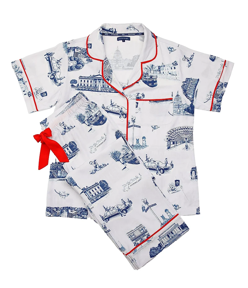 Katie Kime Washington DC Toile Woven Short Sleeve Notch Collar Long Pajama Set