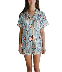Katie Kime Woven Amalfi Cape Cod Print Short Sleeve Notch Collar Shorty Pajama Set