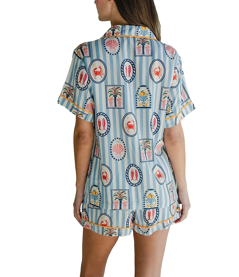Katie Kime Woven Amalfi Cape Cod Print Short Sleeve Notch Collar Shorty Pajama Set