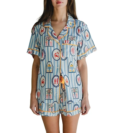 Katie Kime Woven Seaside Stripe Print Short Sleeve Notch Collar Shorty Pajama Set