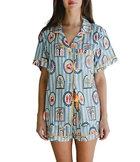 Katie Kime Woven Seaside Stripe Print Short Sleeve Notch Collar Shorty Pajama Set