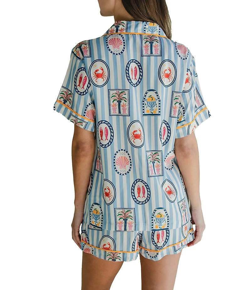 Katie Kime Woven Seaside Stripe Print Short Sleeve Notch Collar Shorty Pajama Set