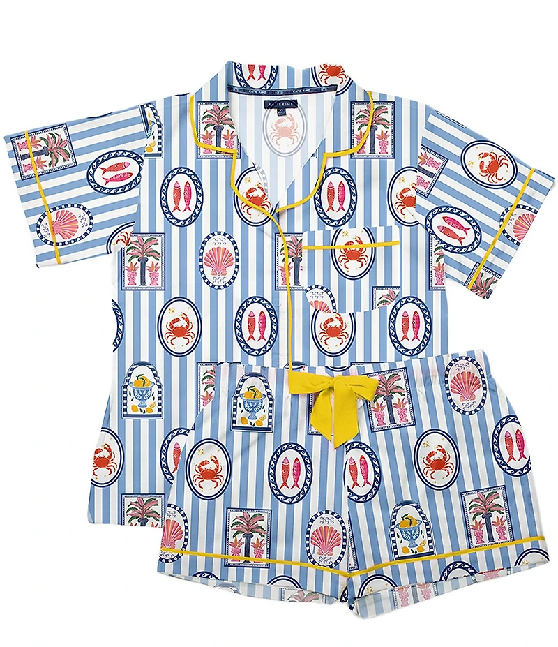 Katie Kime Woven Seaside Stripe Print Short Sleeve Notch Collar Shorty Pajama Set