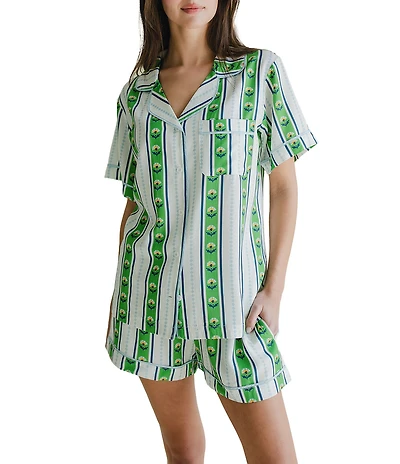 Katie Kime Woven Garden Striped Short Sleeve Notch Collar Shorty Pajama Set