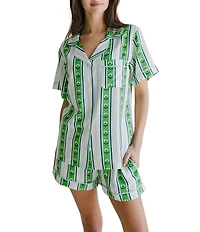 Katie Kime Woven Garden Striped Short Sleeve Notch Collar Shorty Pajama Set