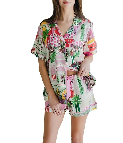 Katie Kime Woven Greco Garden Print Short Sleeve Notch Collar Shorty Pajama Set