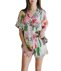 Katie Kime Woven Greco Garden Print Short Sleeve Notch Collar Shorty Pajama Set