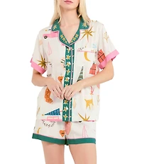 Katie Kime Woven Holiday Icons Print Short Sleeve Notch Collar Shorty Pajama Set
