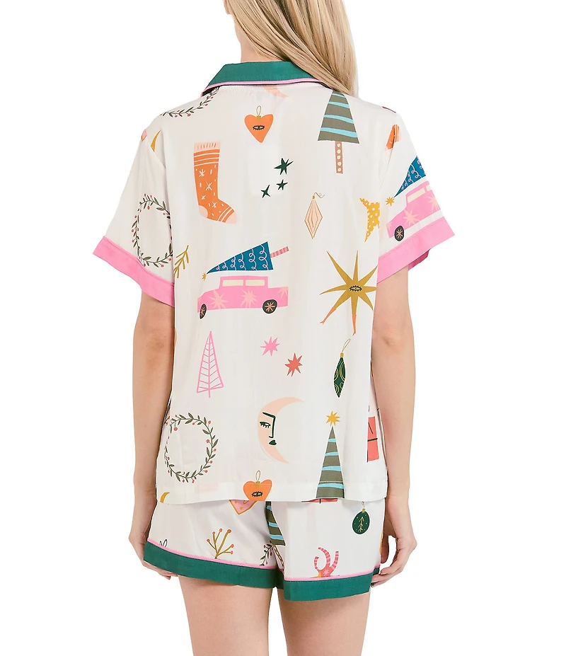 Katie Kime Woven Holiday Icons Print Short Sleeve Notch Collar Shorty Pajama Set