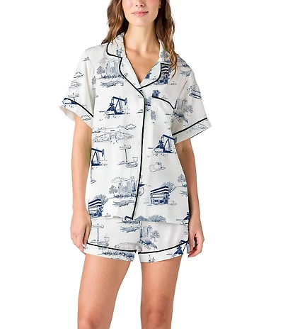 Katie Kime Woven Houston Toile Print Short Sleeve Notch Collar Shorty Pajama Set