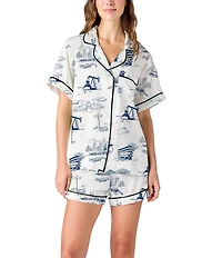 Katie Kime Woven Houston Toile Print Short Sleeve Notch Collar Shorty Pajama Set