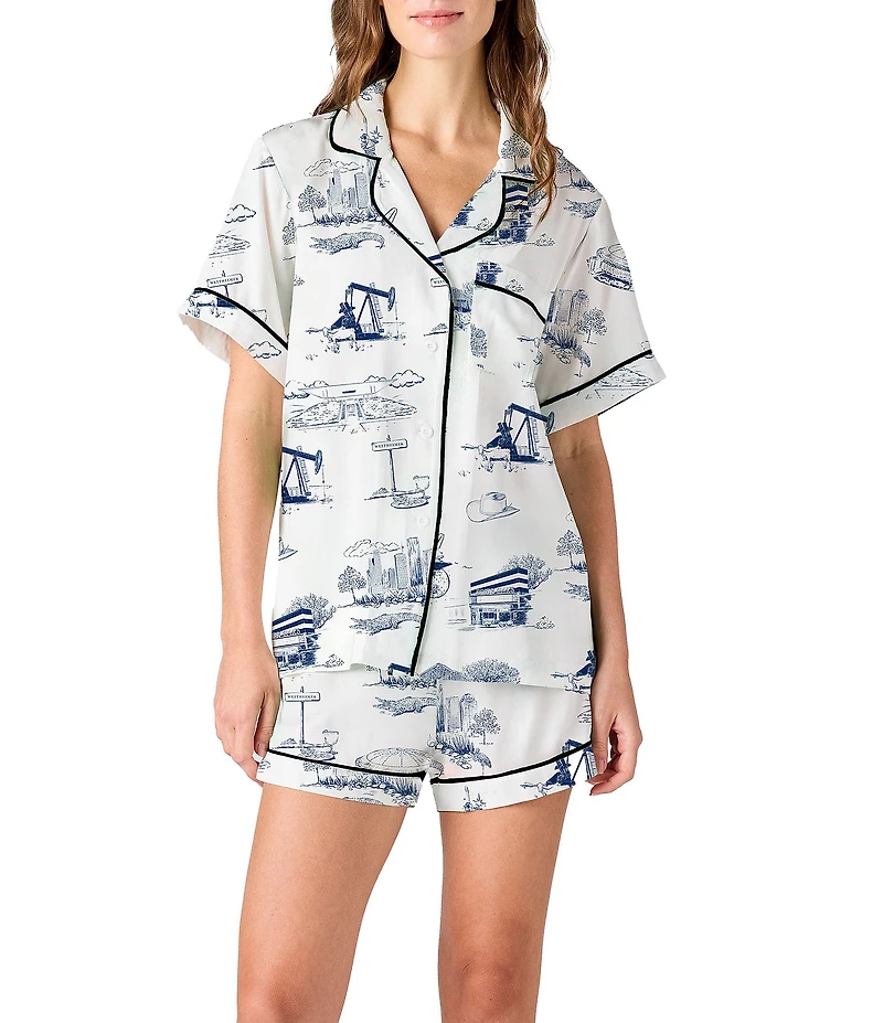 Katie Kime Woven Houston Toile Print Short Sleeve Notch Collar Shorty Pajama Set