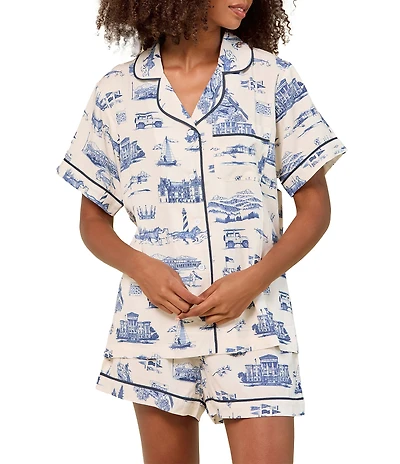 Katie Kime Woven North Carolina Toile Print Short Sleeve Notch Collar Shorty Pajama Set