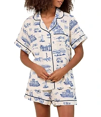 Katie Kime Woven North Carolina Toile Print Short Sleeve Notch Collar Shorty Pajama Set