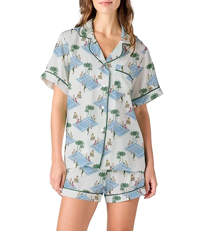 Katie Kime Woven Palm Court Tennis Print Short Sleeve Notch Collar Shorty Pajama Set