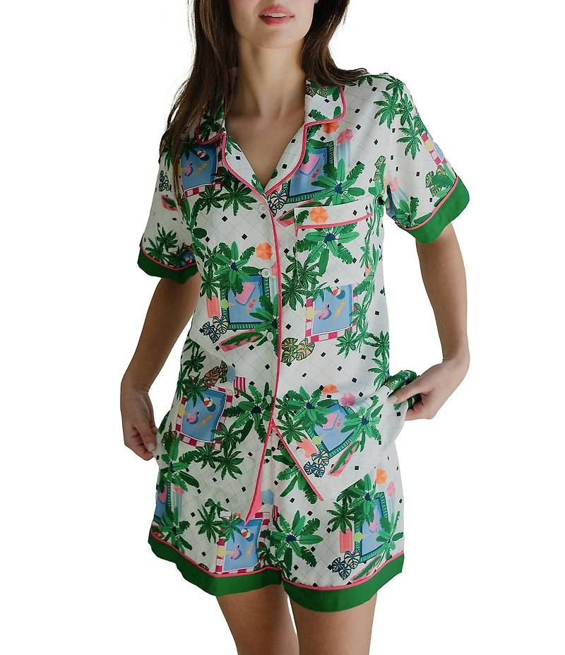 Katie Kime Woven Swim Club Print Short Sleeve Notch Collar Shorty Pajama Set
