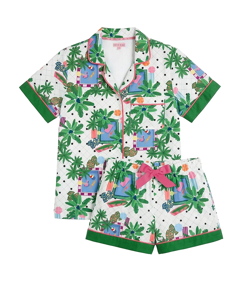Katie Kime Woven Swim Club Print Short Sleeve Notch Collar Shorty Pajama Set