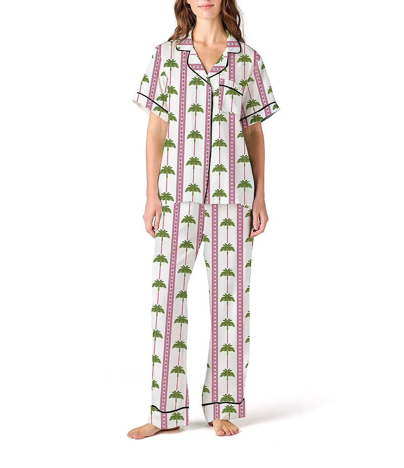Katie Kime Woven Tropic Palm Print Short Sleeve Notch Collar Long Pant Pajama Set