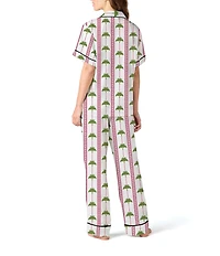 Katie Kime Woven Tropic Palm Print Short Sleeve Notch Collar Long Pant Pajama Set