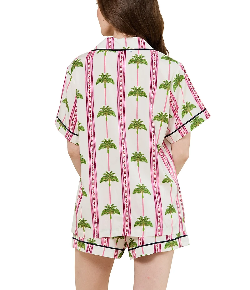 Katie Kime Woven Tropic Palm Print Short Sleeve Notch Collar Shorty Pajama Set