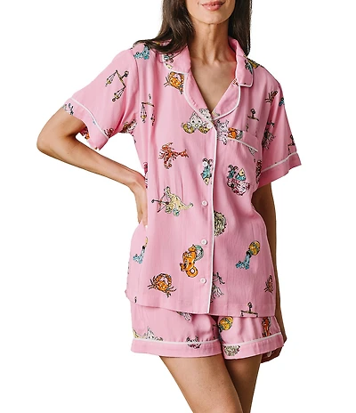 Katie Kime Woven Zodiac Print Short Sleeve Notch Collar Shorty Pajama Set