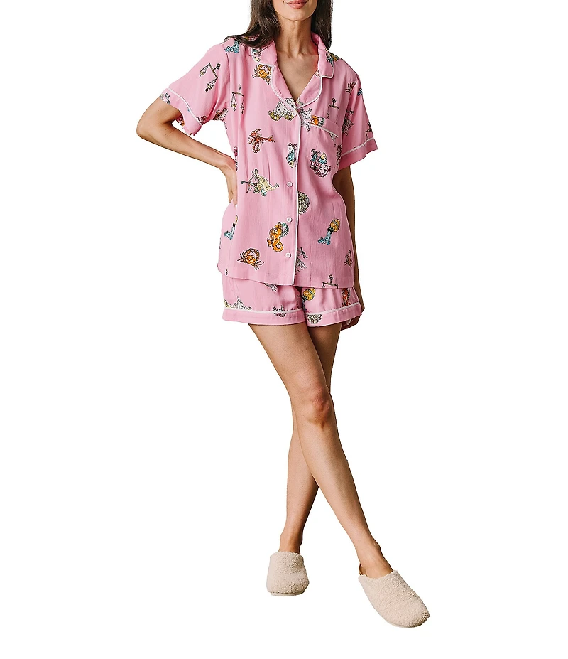 Katie Kime Woven Zodiac Print Short Sleeve Notch Collar Shorty Pajama Set