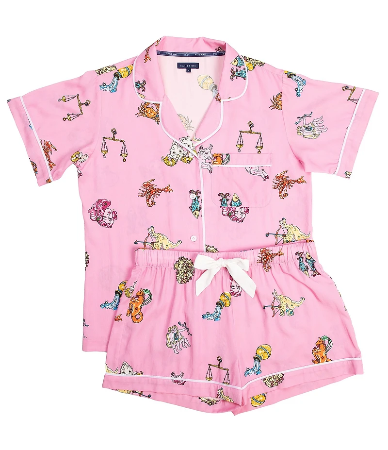 Katie Kime Woven Zodiac Print Short Sleeve Notch Collar Shorty Pajama Set