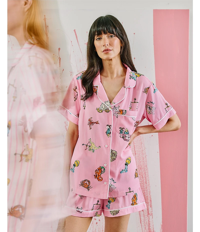 Katie Kime Woven Zodiac Print Short Sleeve Notch Collar Shorty Pajama Set