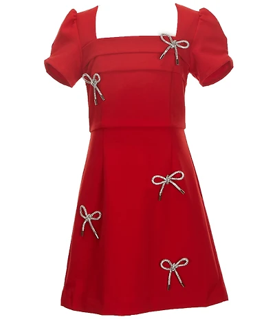 KatieJNYC Big Girls Cora Puff Sleeve Rhinestone Bow Mini Dress