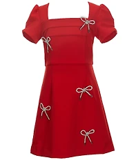 KatieJNYC Big Girls Cora Puff Sleeve Rhinestone Bow Mini Dress