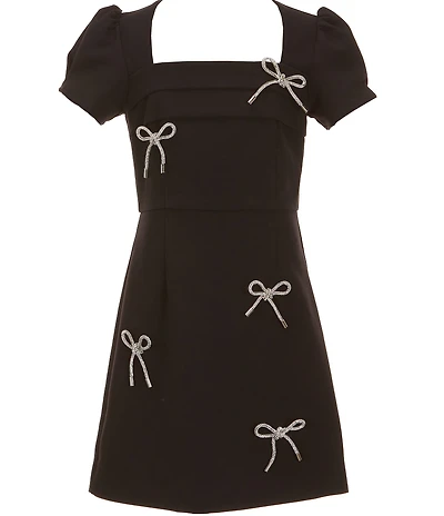 KatieJNYC Big Girls Kora Puff Sleeve Rhinestone Bow Mini Dress