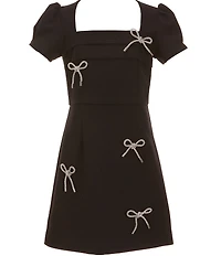 KatieJNYC Big Girls Cora Puff Sleeve Rhinestone Bow Mini Dress