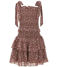 KatieJNYC Big Girls Emerson Floral Printed Tie Shoulder Smocked Dress