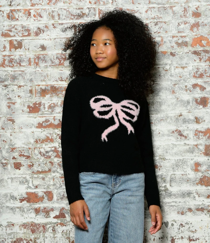 KatieJNYC Big Girls Maggie Intarsia Bow Long Sleeve Sweater