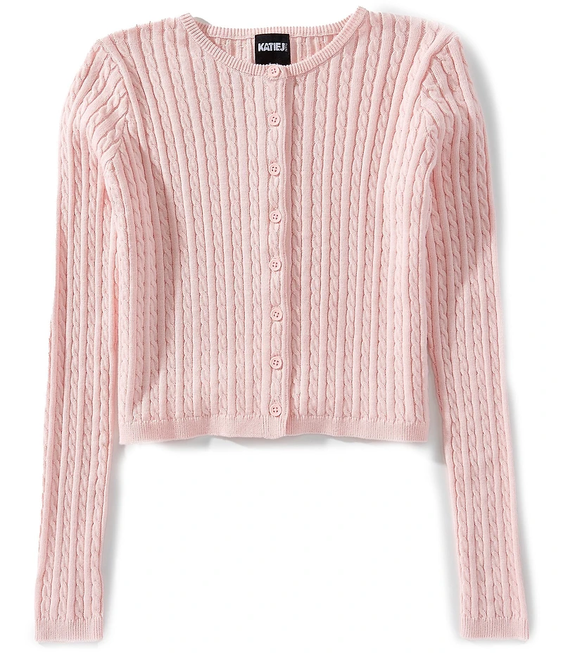 KatieJNYC Big Girls Rory Crew Neck Cable Knit Cardigan Sweater