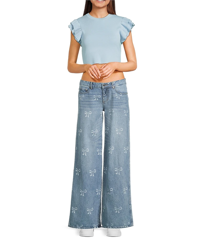 KatieJNYC Bow Print Wide Leg Chicago Denim Jeans
