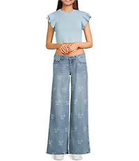 KatieJNYC Bow Print Wide Leg Chicago Denim Jeans