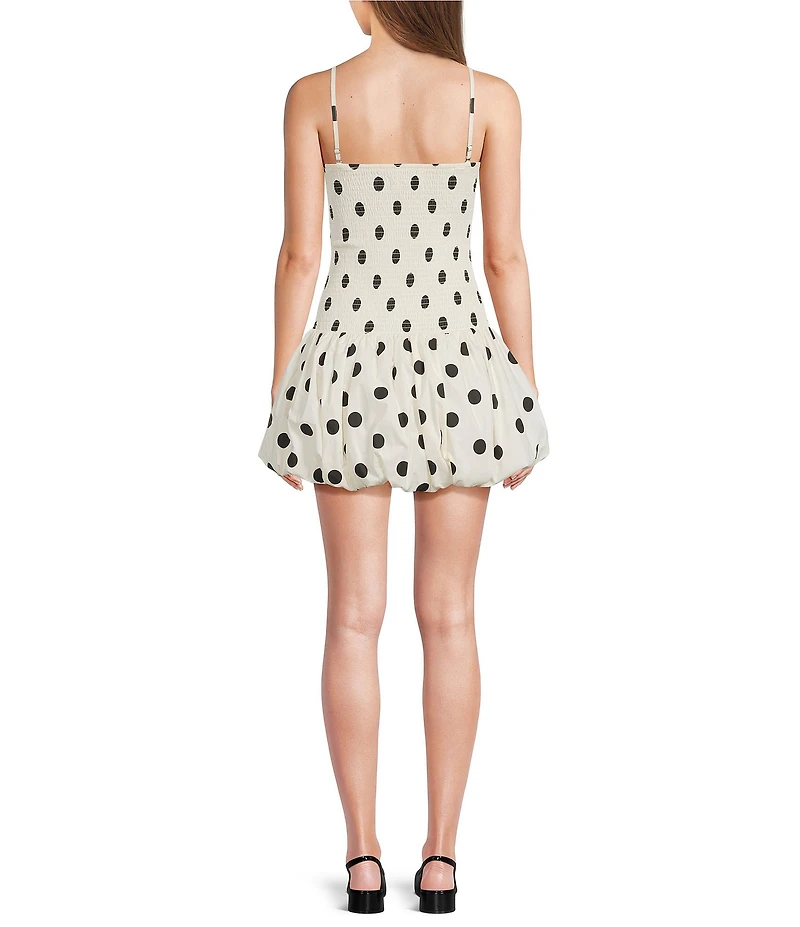 KatieJNYC Dotted Print Square Neck Removable Strap Sleeveless Mesh Fitted Bubble Hem Mini Dress