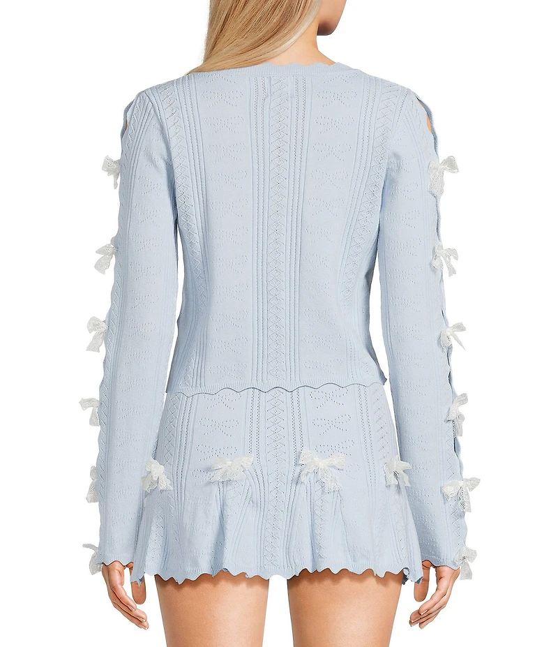 KatieJNYC Gracyn Coordinating Pointelle Bow Crew Neck Long Sleeve Cardigan