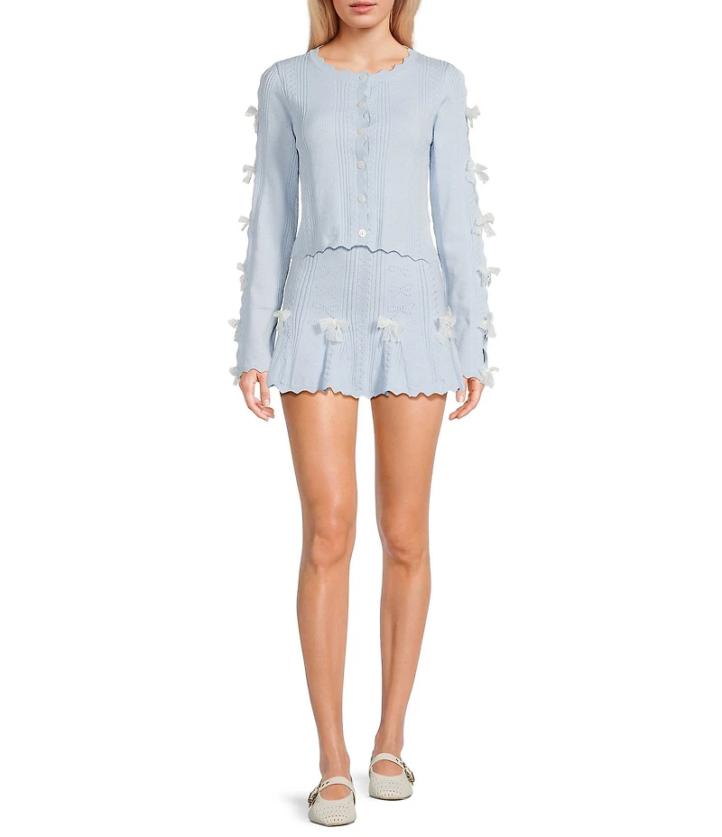KatieJNYC Gracyn Coordinating Pointelle Bow Crew Neck Long Sleeve Cardigan
