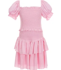 KatieJNYC Lainey Short Puffed Sleeve Smocked Ruffle Tiered Fit-And-Flare Dress