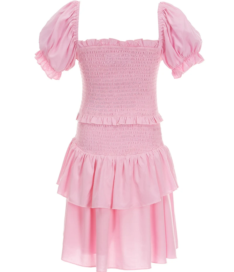 KatieJNYC Lainey Short Puffed Sleeve Smocked Ruffle Tiered Fit-And-Flare Dress