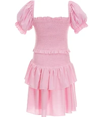 KatieJNYC Lainey Short Puffed Sleeve Smocked Ruffle Tiered Fit-And-Flare Dress