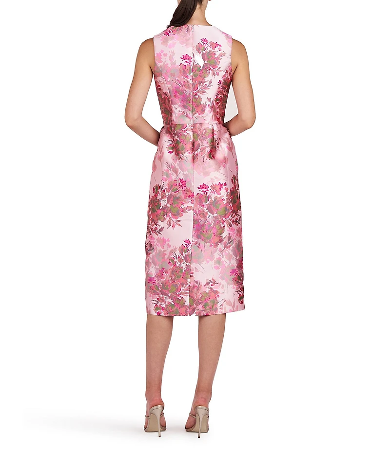Kay Unger Adriana Mikado Floral Print Jewel Neck Sleeveless Pleated Dress
