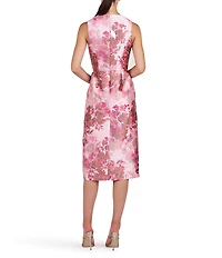 Kay Unger Adriana Mikado Floral Print Jewel Neck Sleeveless Pleated Dress