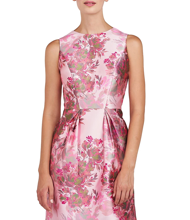 Kay Unger Adriana Mikado Floral Print Jewel Neck Sleeveless Pleated Dress
