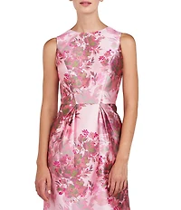 Kay Unger Adriana Mikado Floral Print Jewel Neck Sleeveless Pleated Dress