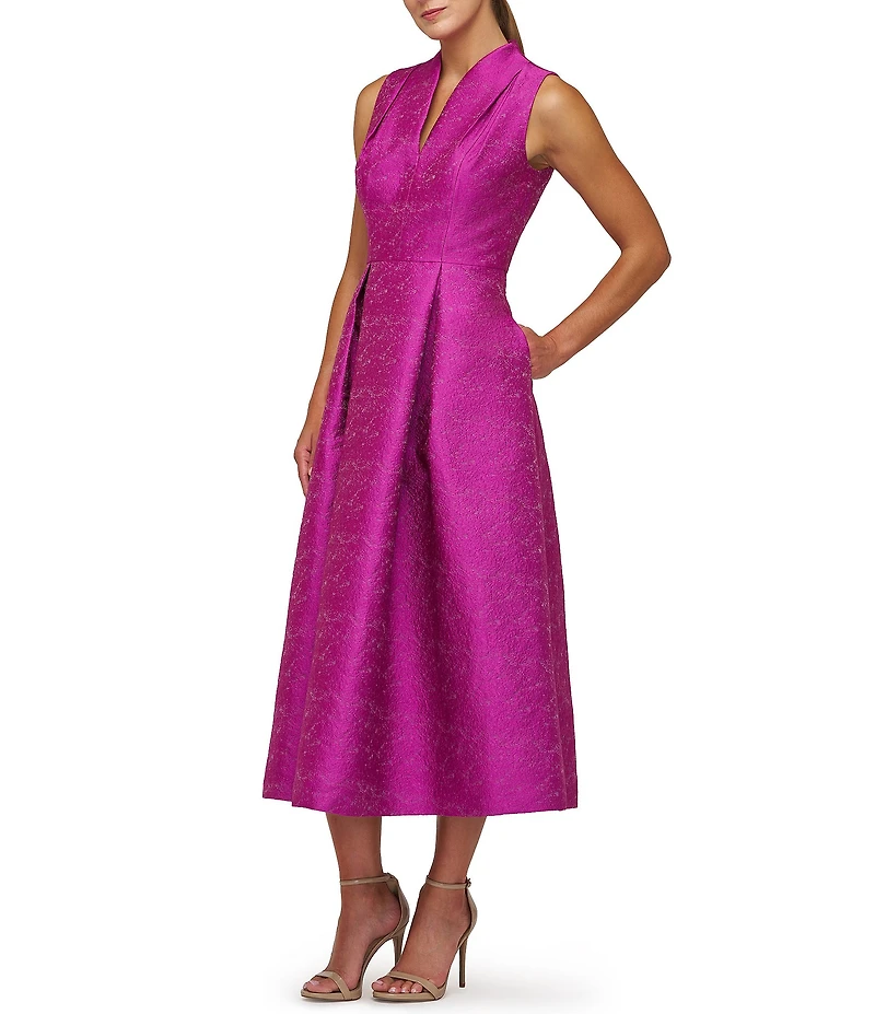Kay Unger Allegra Textured Jacquard Split V-Neckline Sleeveless A-Line Midi Dress